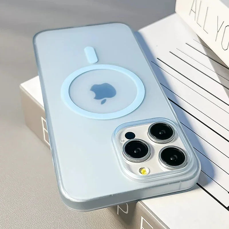 "MagShield ultra slim matte MagSafe iPhone case – translucent design with full edge protection and magnetic compatibility"