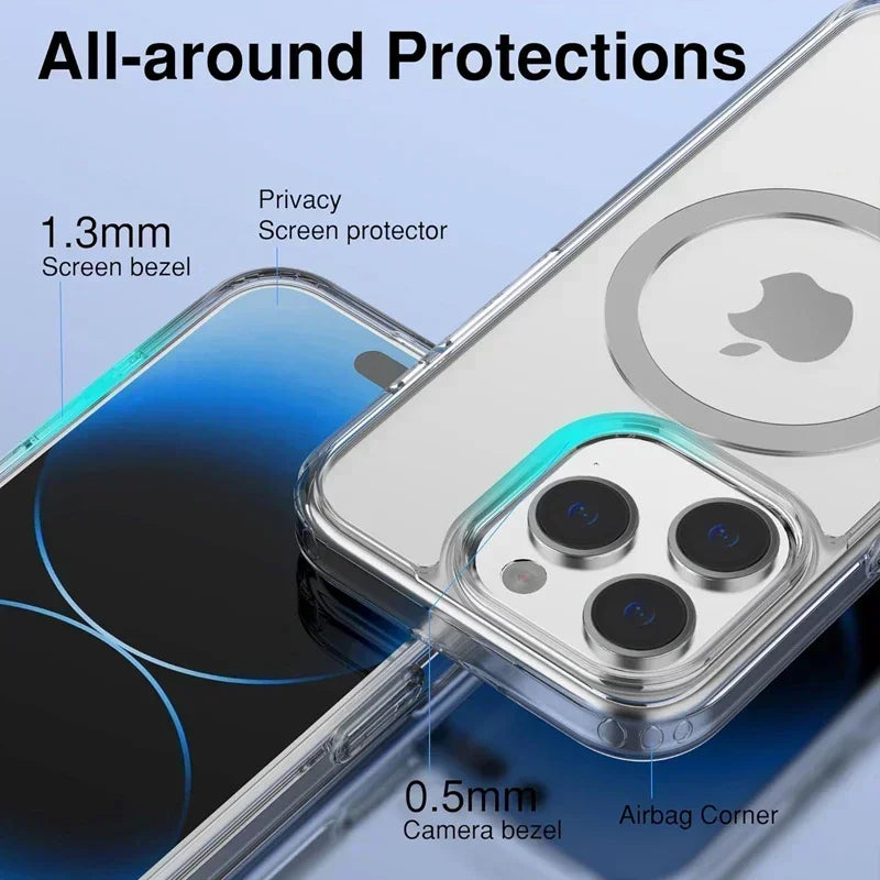 "Clear MagShield iPhone case displaying anti-scratch surface and lightweight transparent design"