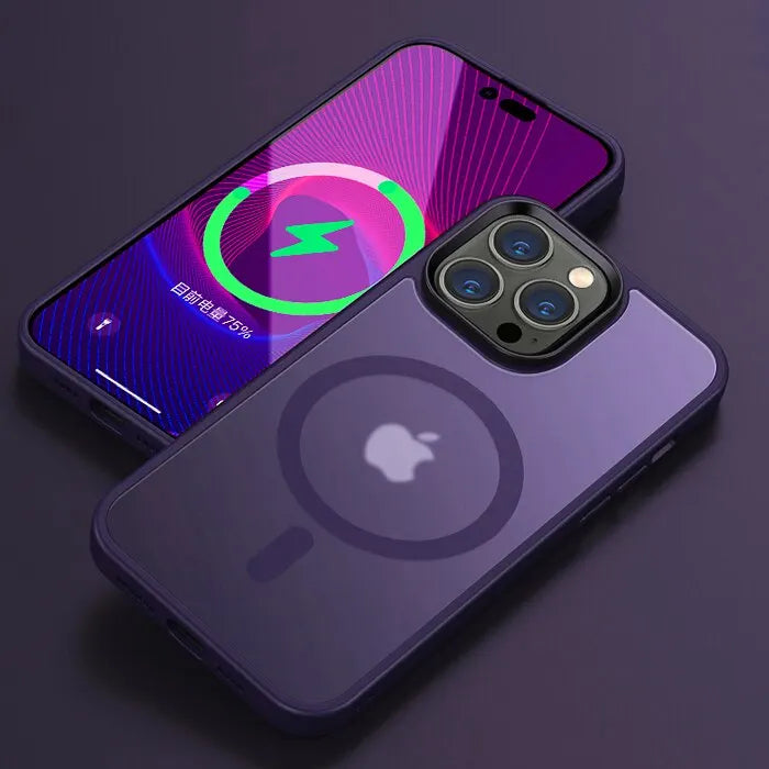 "MagShield frosted MagSafe iPhone case highlighting strong magnetic alignment and anti-glare matte finish"