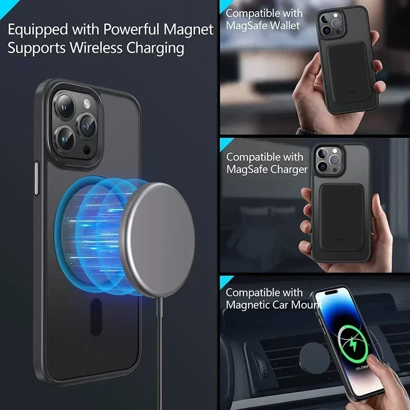 "Frosted MagSafe iPhone case by MagShield – compatible with charger, wallet, and car mount using strong built-in magnets"