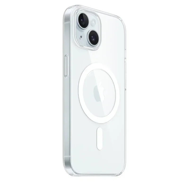 "Crystal clear MagShield iPhone case with MagSafe compatibility, showcasing transparent design and slim edge protection"