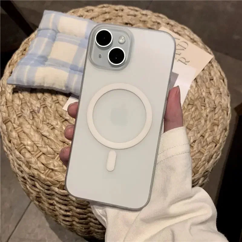 "Angled view of MagShield ultra slim matte MagSafe iPhone case highlighting magnetic ring and slim edge design"