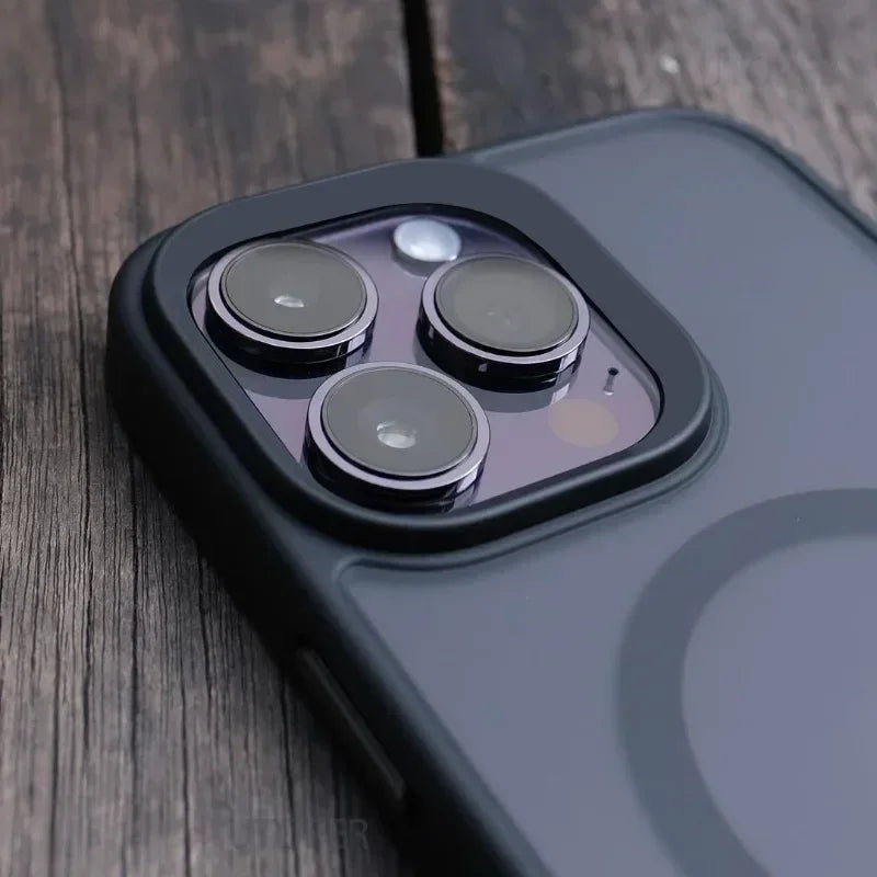 "Close-up of MagShield frosted MagSafe iPhone case – camera lens protection and precise magnetic alignment visible"