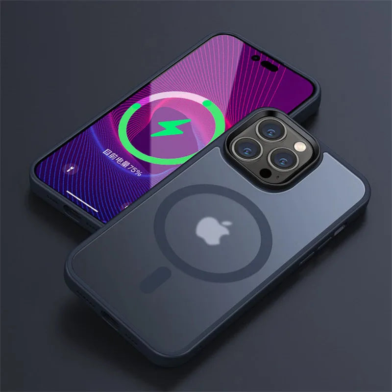 "MagShield frosted MagSafe case on iPhone showing wireless charging animation – durable, slim, and MagSafe compatible design"