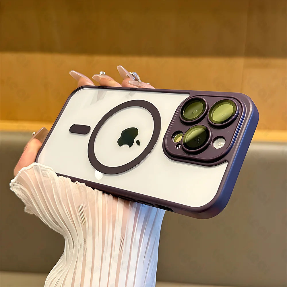 "Frost matte MagSafe iPhone case – slim translucent design with MagSafe magnetic ring and camera protection"