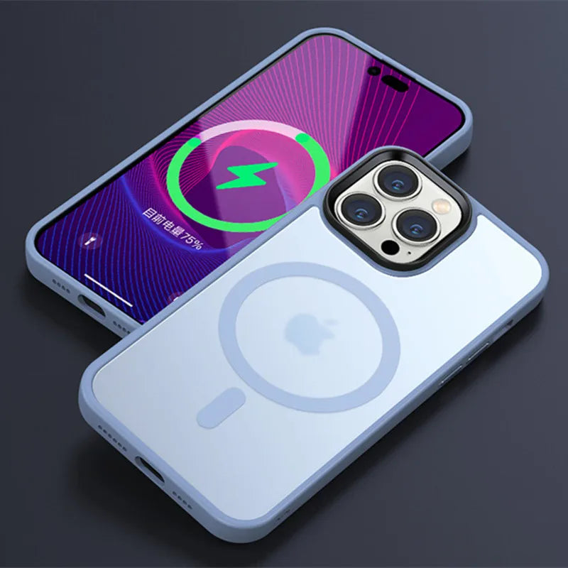 "MagShield frosted MagSafe iPhone case with wireless charging animation displayed on screen – sleek and fully MagSafe compatible"
