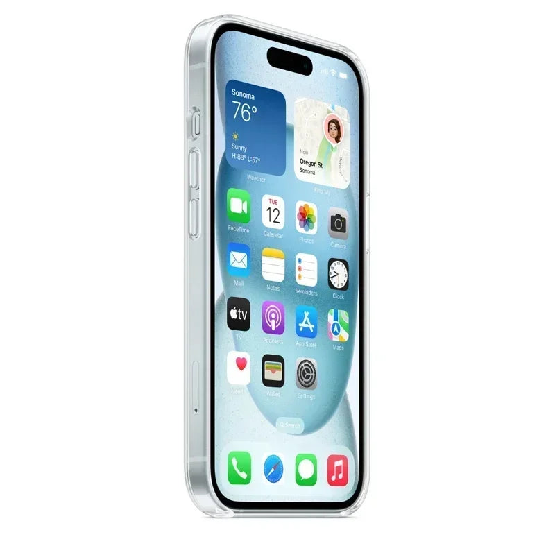 "MagShield transparent iPhone case demonstrating full MagSafe compatibility and minimalist design"