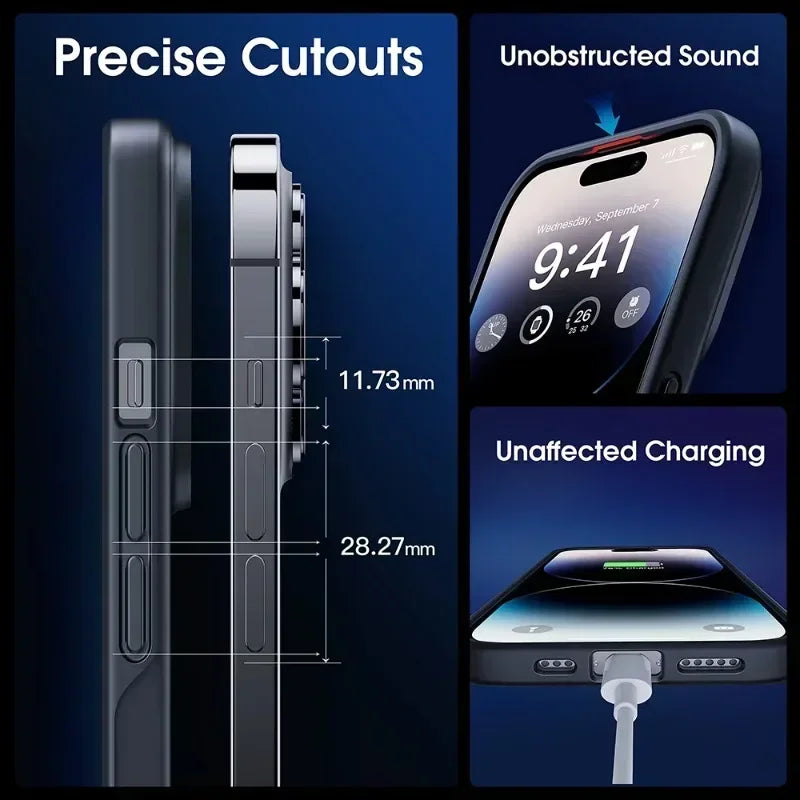 "Side view of MagShield MagSafe iPhone case showing precise button cutouts, clear sound, and full charging compatibility"
