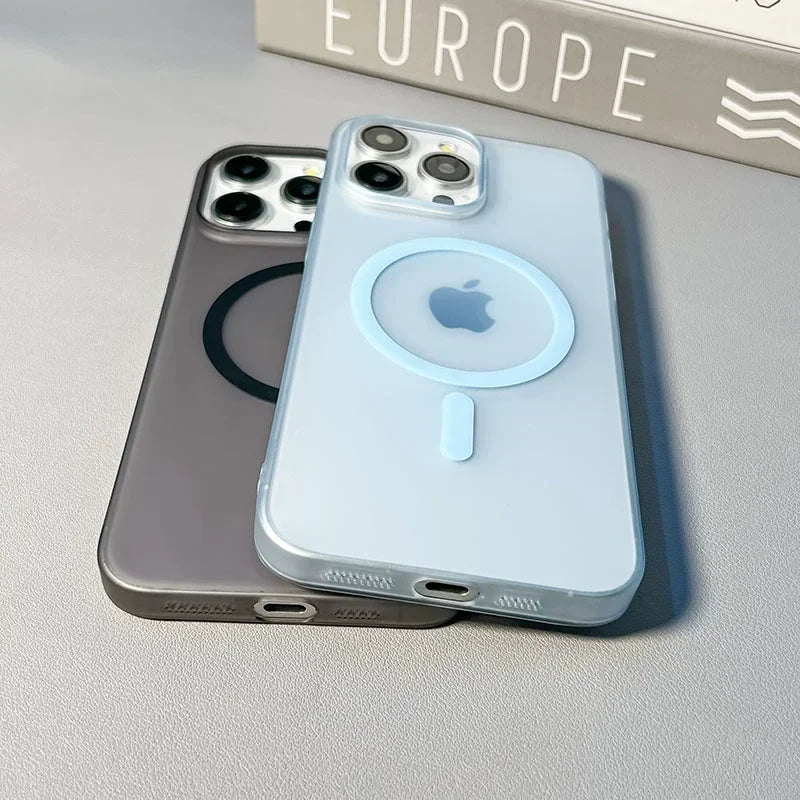 "Side view of MagShield ultra slim matte MagSafe iPhone case showing precise cutouts and slim profile"