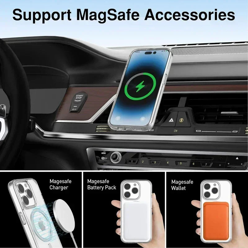 "Transparent MagShield iPhone case highlighting camera cutout precision and MagSafe alignment"