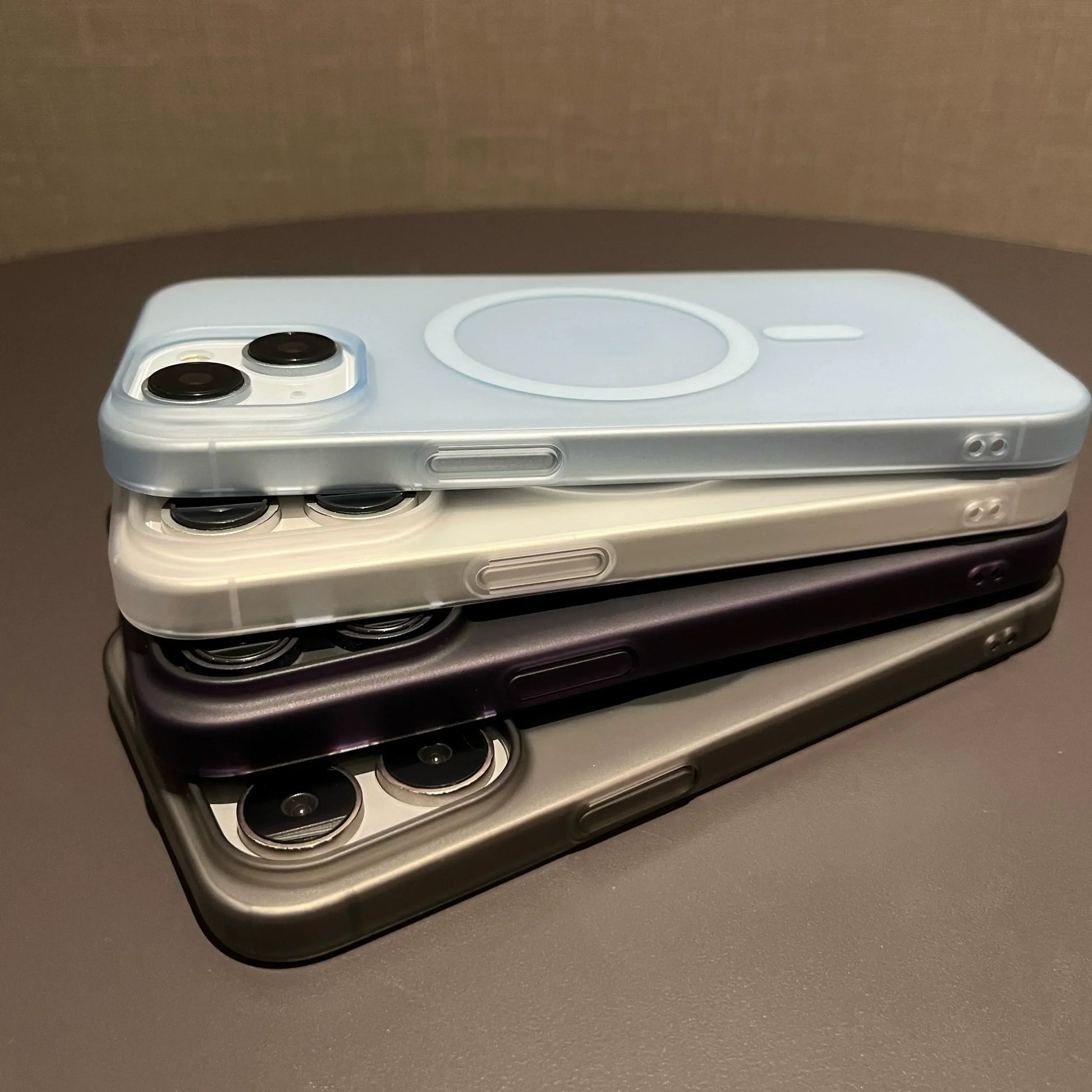 "Back view of MagShield ultra slim matte MagSafe iPhone case showing camera protection and sleek translucent design"