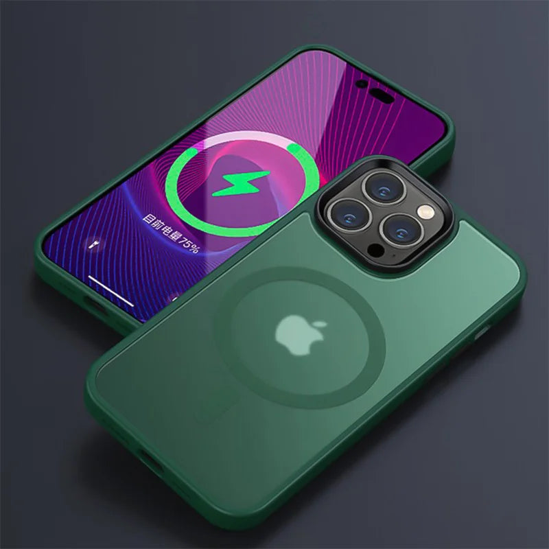 
"Green frosted MagShield MagSafe case on iPhone with vibrant display showing charging status and magnetic compatibility"