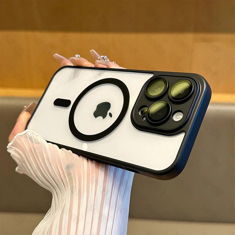 "Frost matte MagSafe iPhone case – angled view showing slim profile and camera lens protection"

