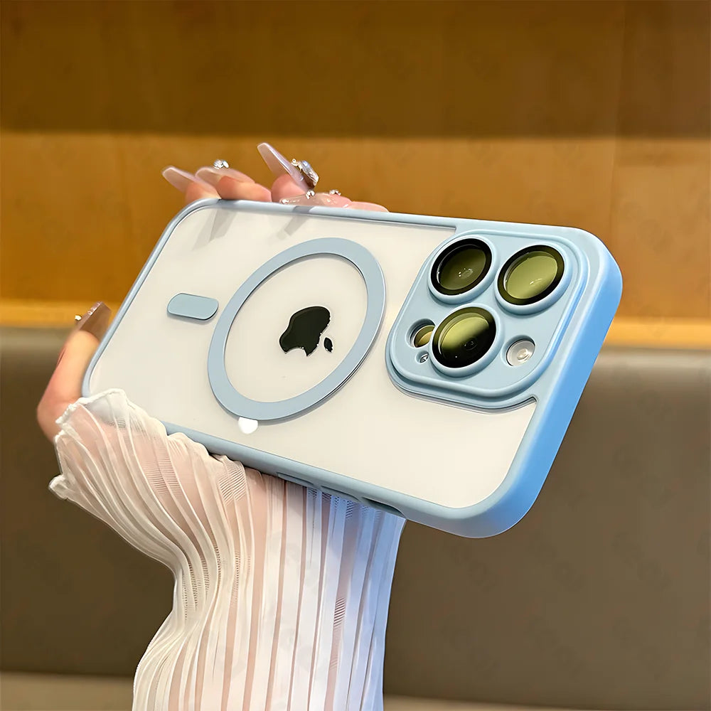 "Frost matte MagSafe iPhone case – translucent matte finish with shockproof corner protection"

